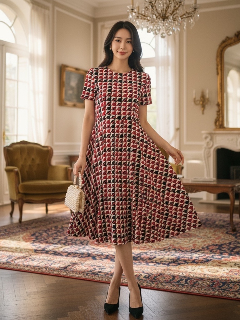 Talbots Dress Women’s M Short Sleeve Houndstooth Top Red Black White Poly Blend